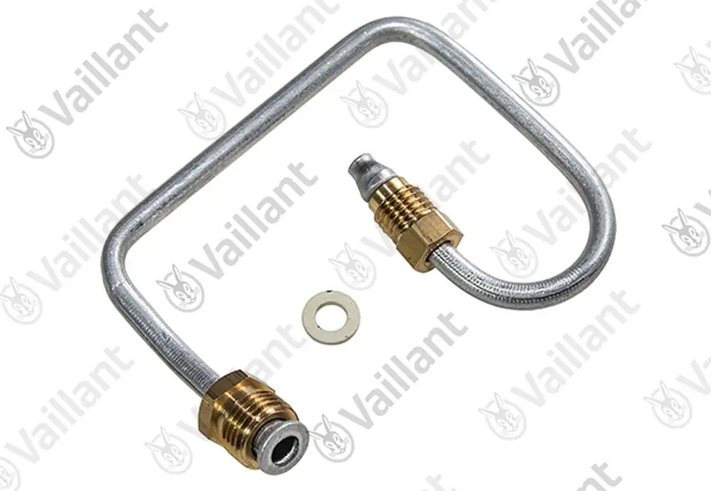 Vaillant Zündgasrohr mit gebogenem Metallrohr und Messinganschlüssen. Enthält eine Dichtungsscheibe.